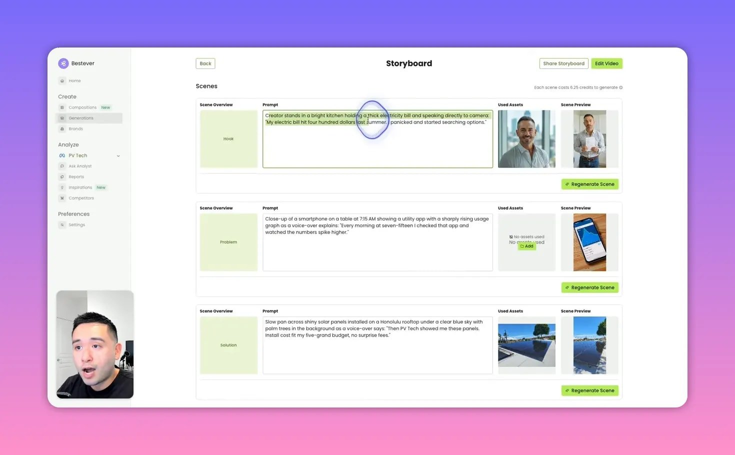 Bestever storyboard interface with the top scene prompt highlighted, actor/used-assets thumbnails and 'Regenerate Scene' control visible; presenter inset bottom-left.