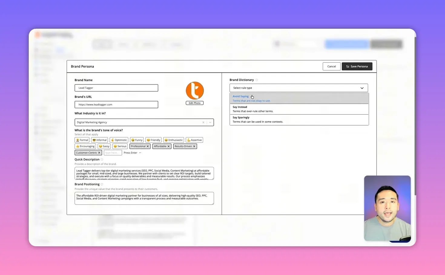 SuperCopy brand persona screen with the brand dictionary dropdown open highlighting options like 'Avoid Saying' and 'Say Instead'; presenter thumbnail at bottom-right.
