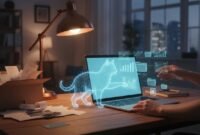 tabby-ai-bookkeeping-freelancer-receipts-night Late-night freelancer desk with messy receipts and a glowing digital tabby cat organizing papers, symbolizing Tabby AI bookkeeping automating financial chaos