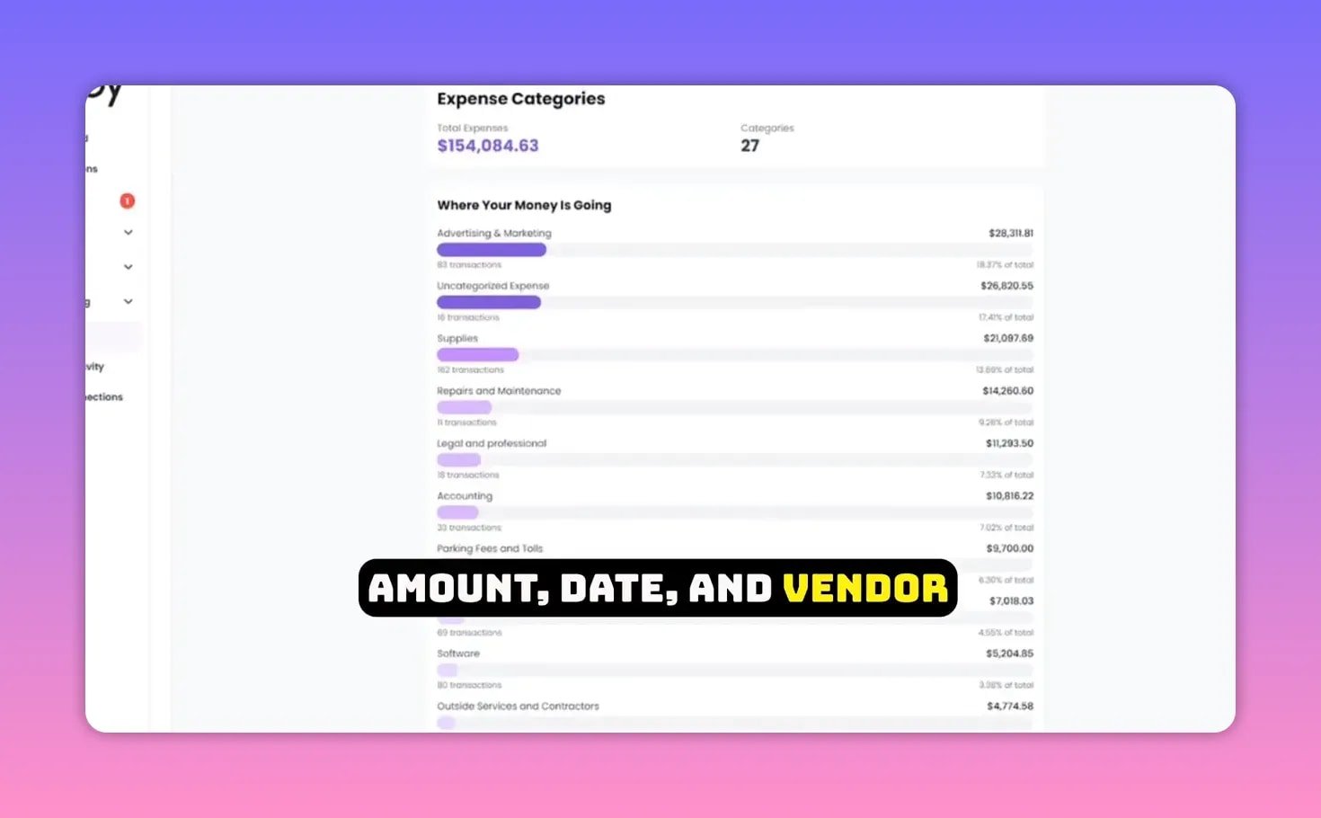 Tabby expense categories screen with overlay text 'Amount, Date, and Vendor'