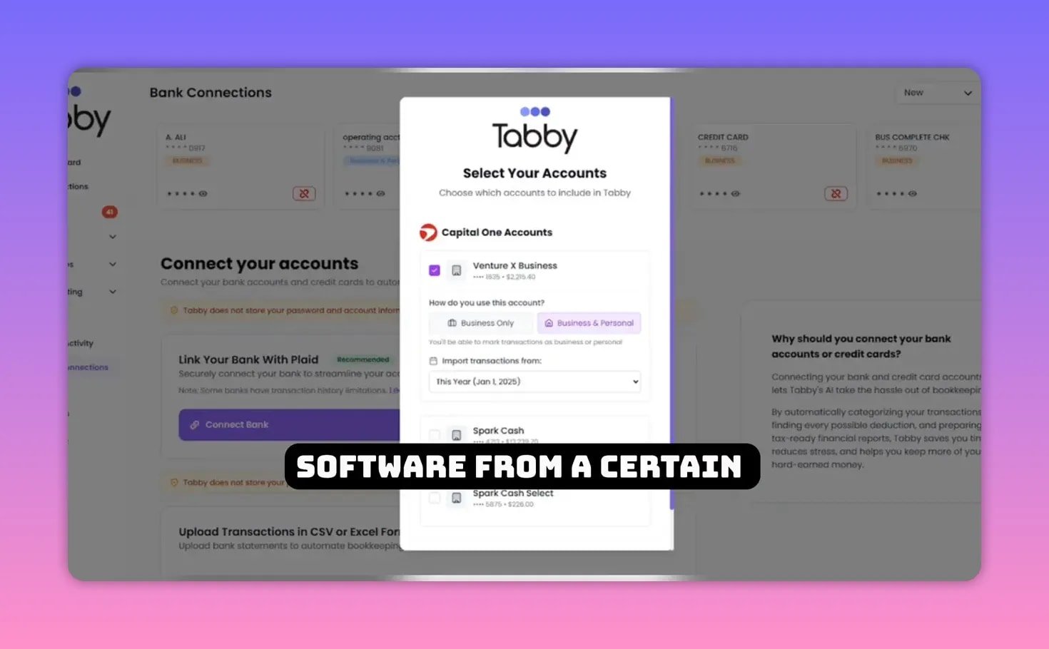Tabby 'Select Your Accounts' account-selection modal over the Connect Your Accounts page, showing account usage toggles and import options.