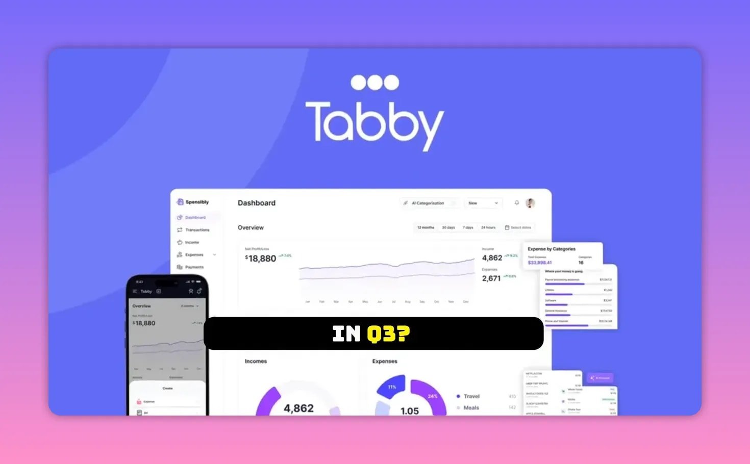 Tabby dashboard showing profit and loss, income and expense charts and category panels.