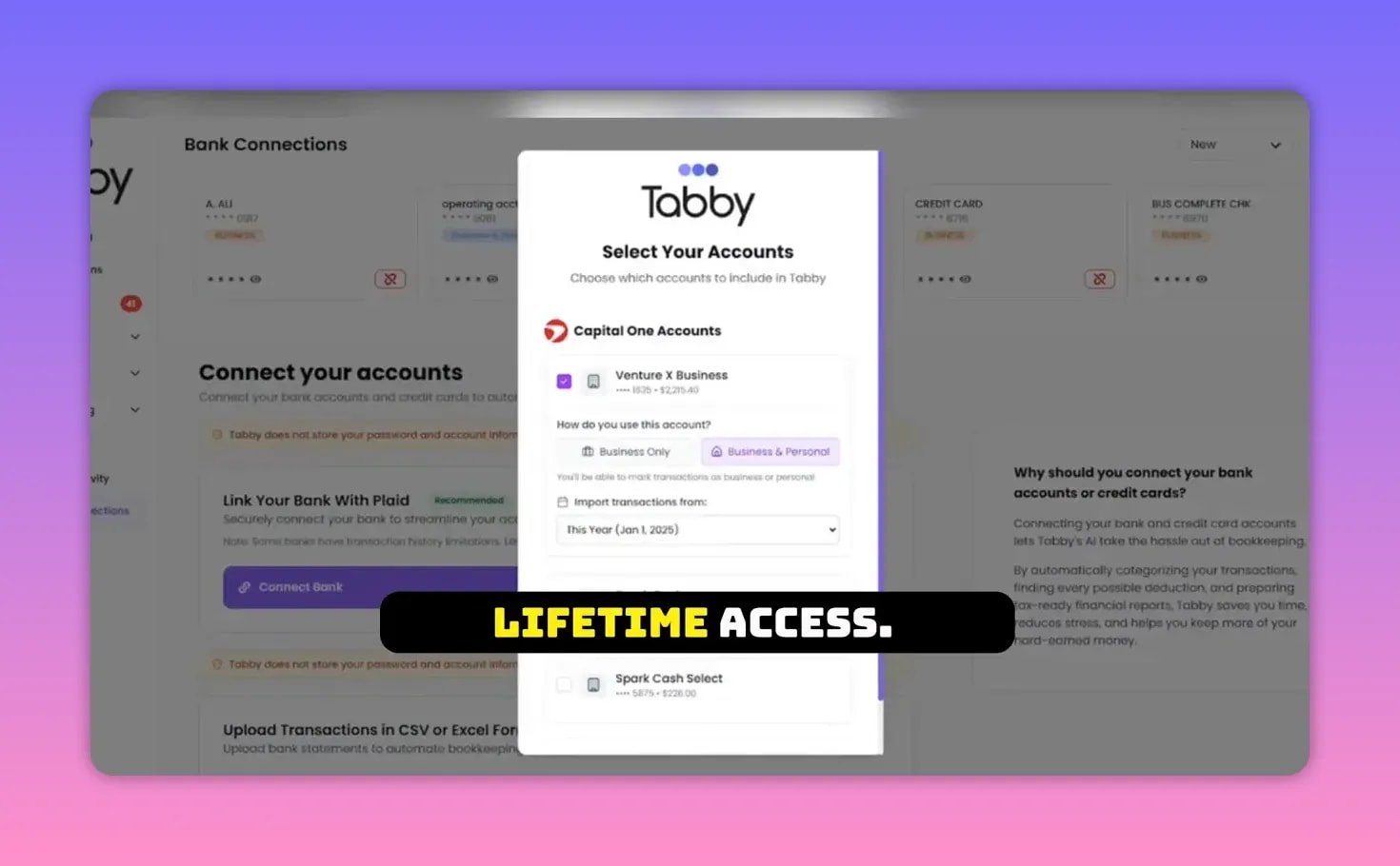 Tabby select your accounts modal with a bold black banner that reads 