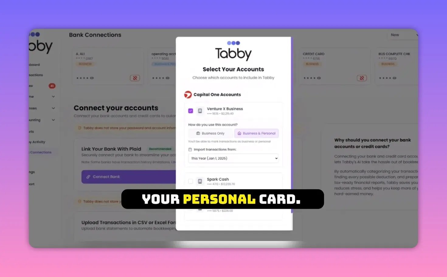 Tabby 'Select Your Accounts' modal showing account selection and a 'Business & Personal' option