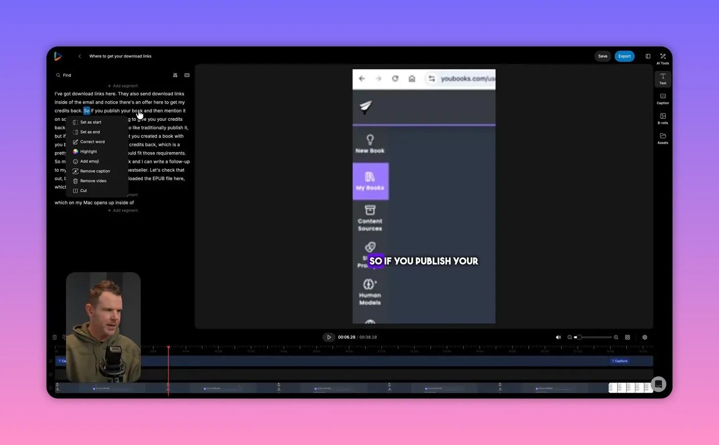 Reap editor showing a right-click context menu over the transcript with options like 'Set as start', 'Set as end', 'Correct word', 'Remove caption' and a vertical preview with captions.