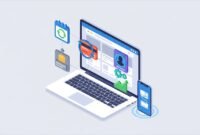 Isometric illustration of a website dashboard transforming into a subscription business with recurring payment icons, membership cards, gears, and growth chart