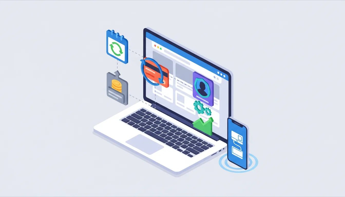 Isometric illustration of a website dashboard transforming into a subscription business with recurring payment icons, membership cards, gears, and growth chart