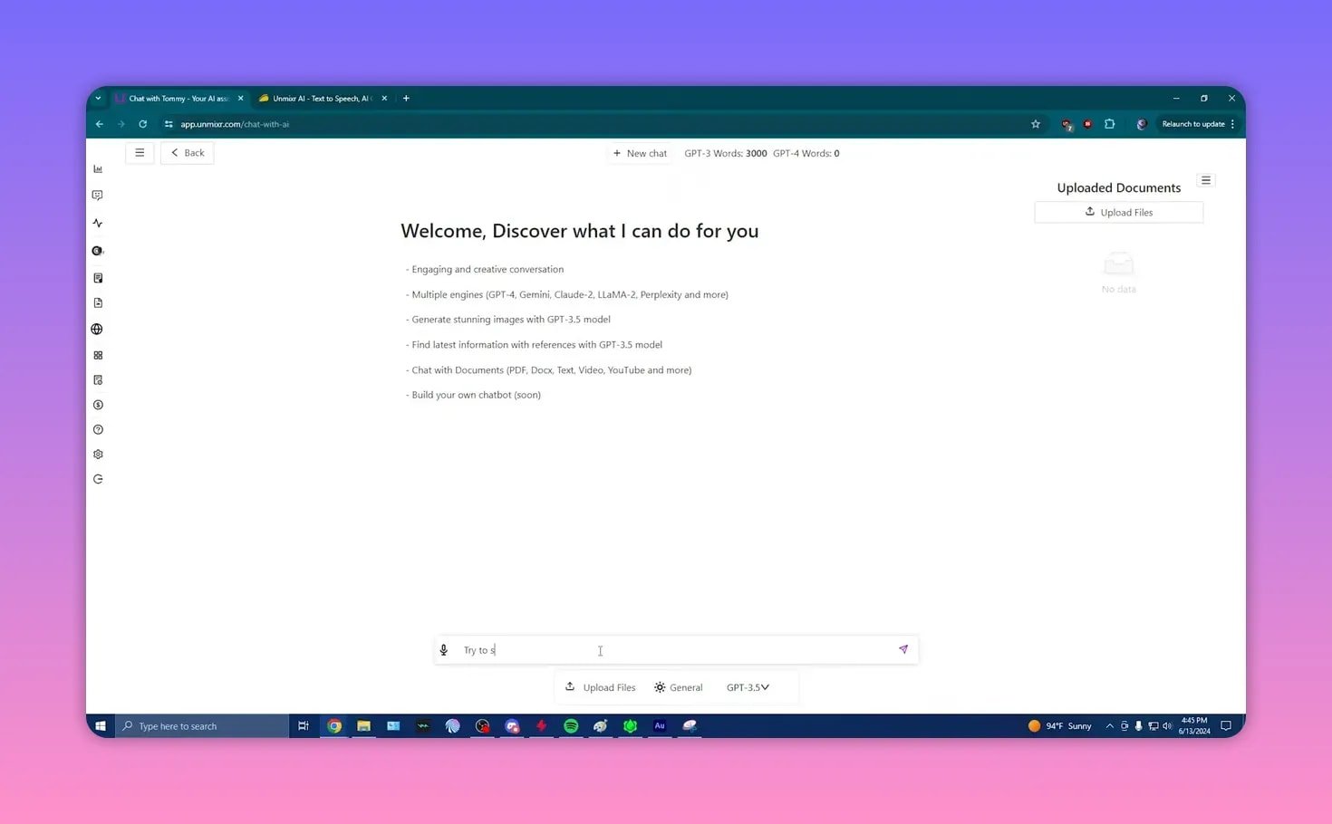 Unmixr dashboard with 'Welcome, Discover what I can do for you' and an active chat input field containing a typed prompt