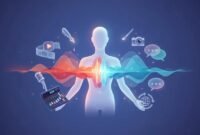 Concept illustration of Unmixr AI: a glowing AI avatar emitting colorful emotion-based sound waves surrounded by icons for dubbing, text-to-speech, chatbot, translation, image generation, and copywriting.