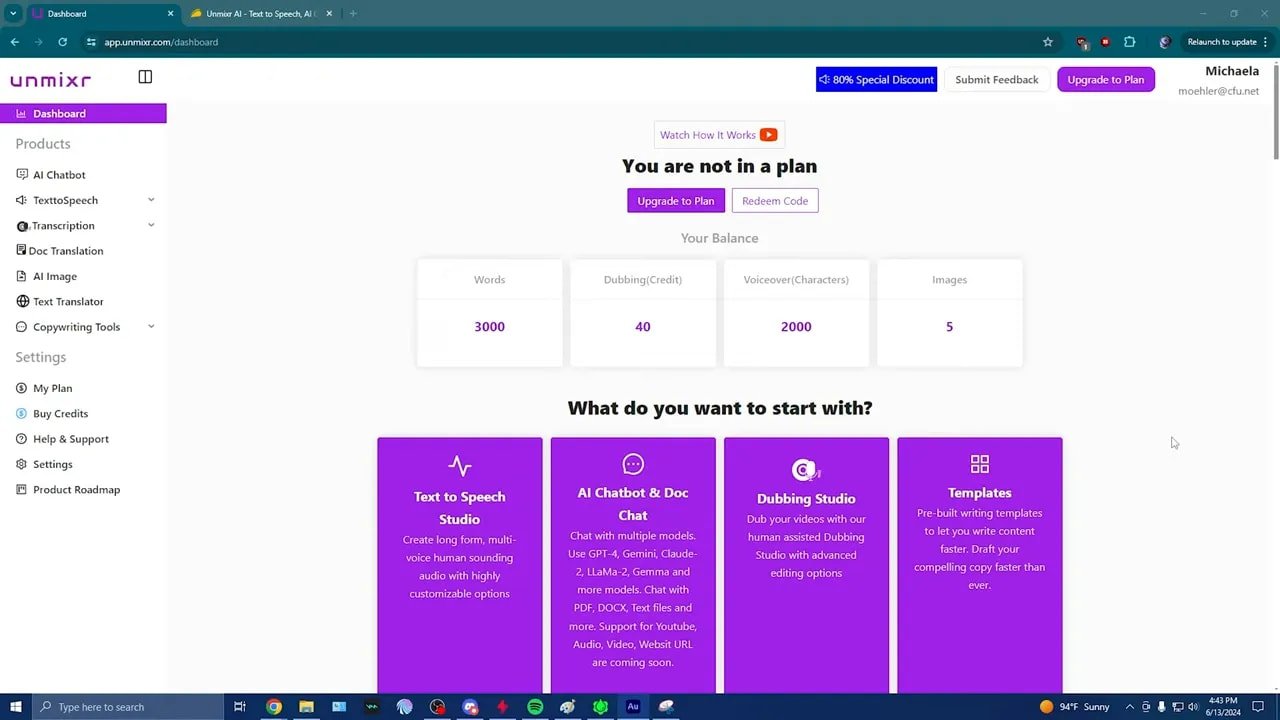 Unmixr dashboard showing account balance, navigation menu, and feature cards