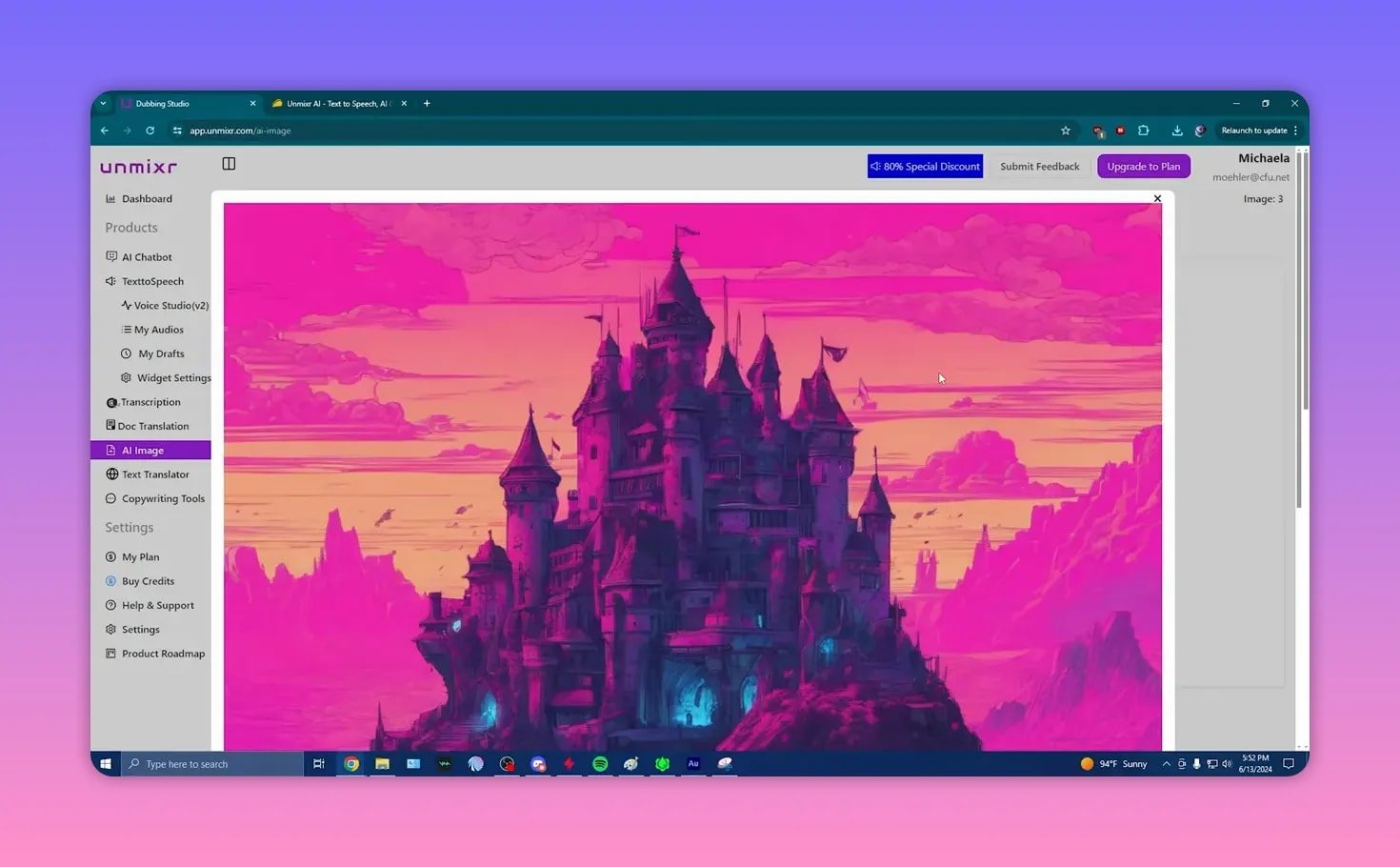 Unmixr image studio showing a bright neon-pink and purple AI-generated castle artwork in a preview modal over the editor interface.