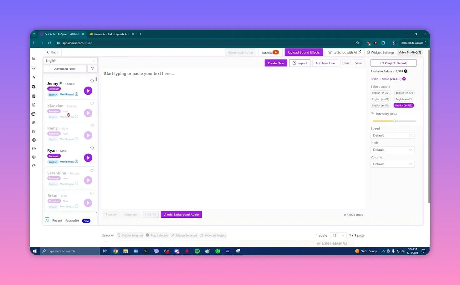 Unmixr Voice Studio screenshot showing voice library on the left, large editor area center, and intensity slider and voice controls on the right