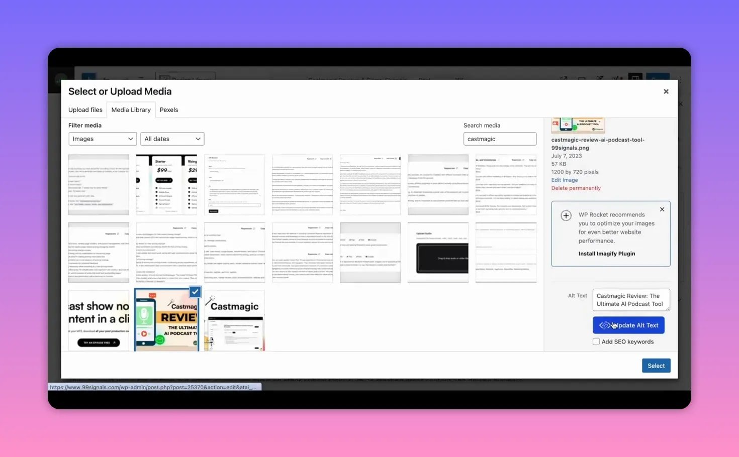 WordPress media modal showing the Alt Text input populated and the blue 'Update Alt Text' button