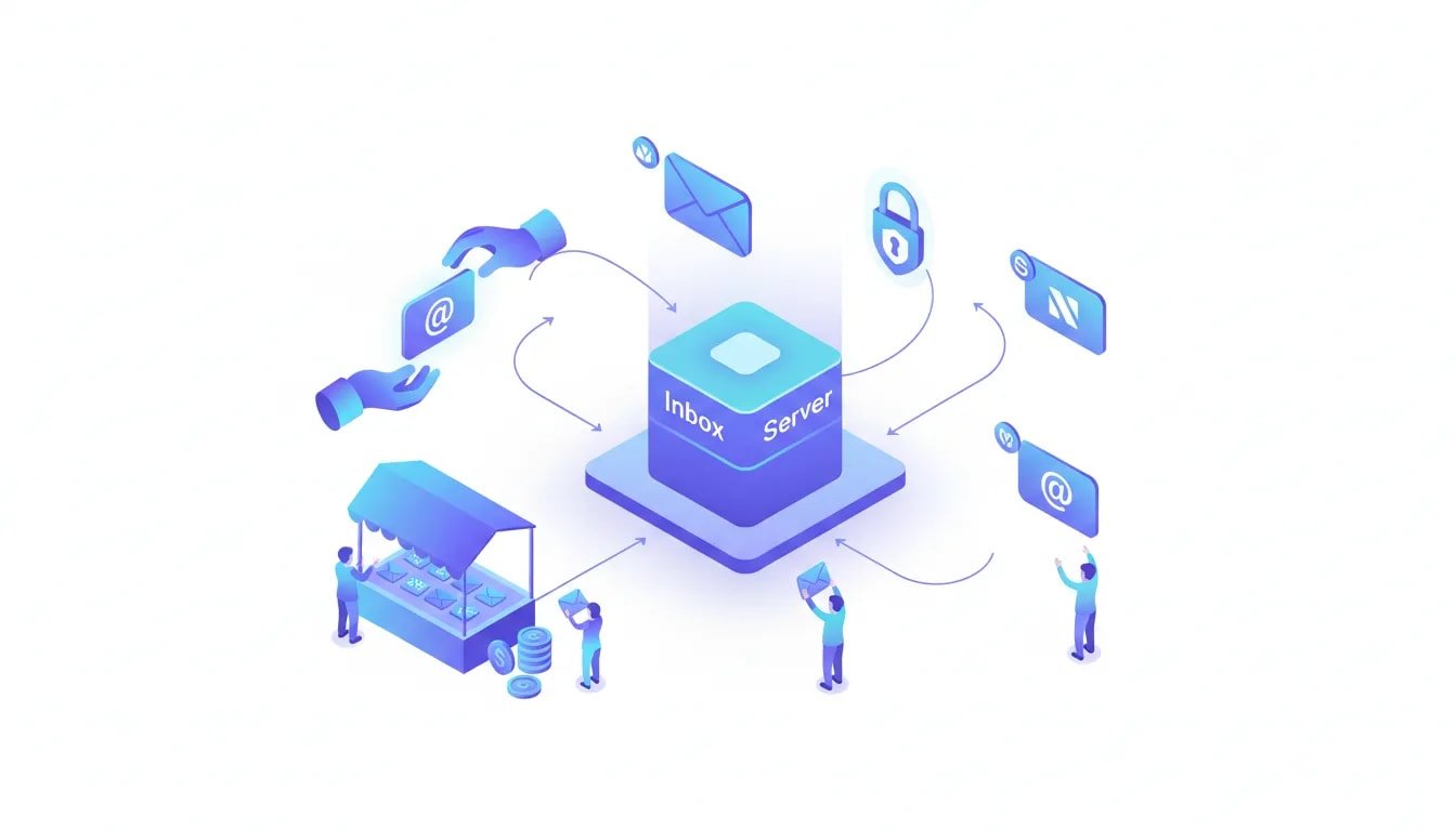 Conceptual illustration of Vend Email: a secure central inbox forwarding branded email aliases to a marketplace where aliases are exchanged and transferred