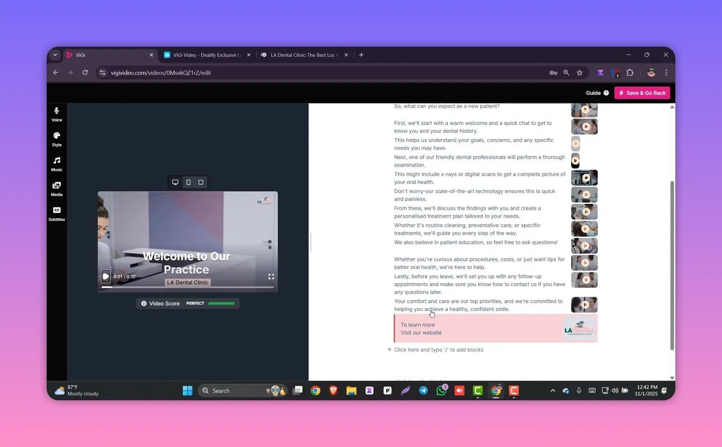 Vigi editor with generated video preview showing 'Welcome to Our Practice' and video score