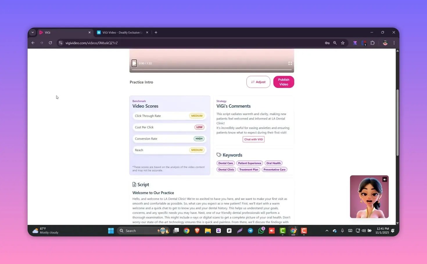 Vigi Video generated-video page showing a preview area, video scores panel, keywords and the editable script with a Publish button