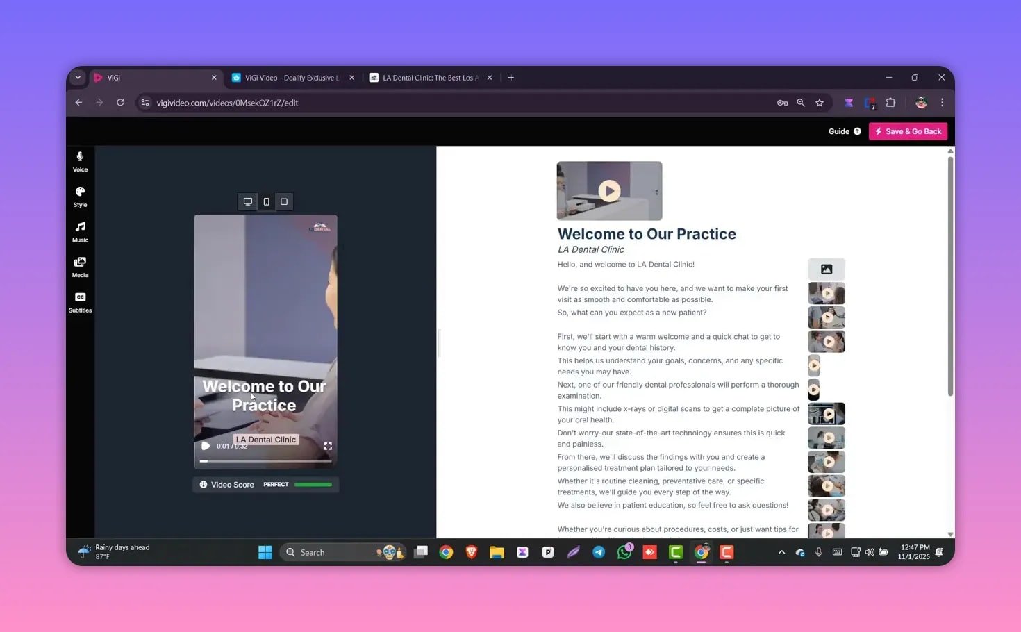 Vigi Video editor showing a mobile video preview on the left and the parsed 'Welcome to Our Practice' website text on the right
