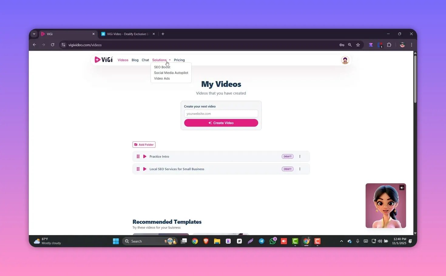 Vigi Video interface showing My Videos page, create video input, and draft projects