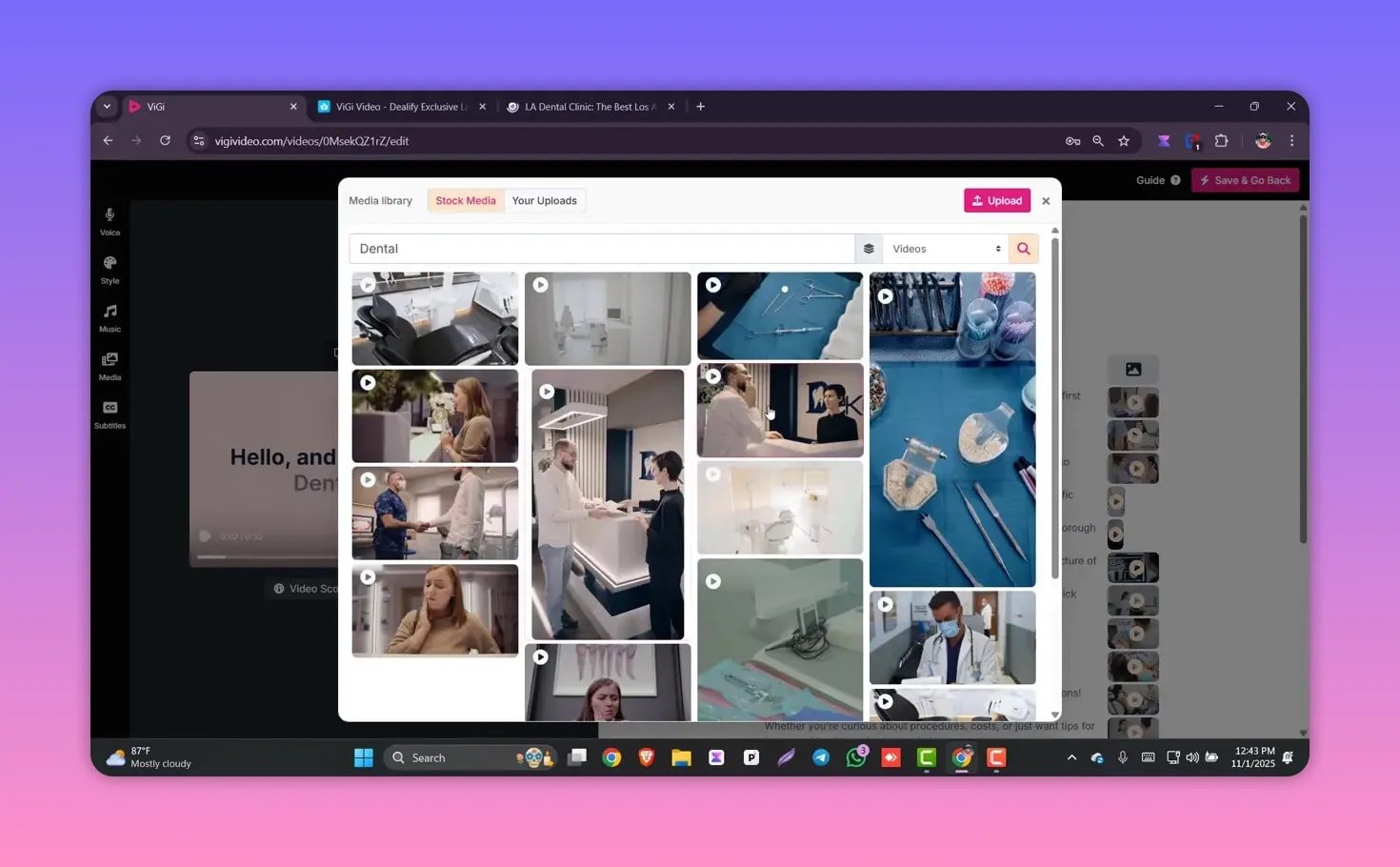 Vigi Video stock media panel filled with dental video and image thumbnails showing clinic scenes and dental tools.