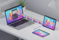 Isometric 3D illustration of a webpage on a laptop transforming into a branded video timeline with a generic logo tile and devices showing the finished video, motion trails indicating fast AI conversion.