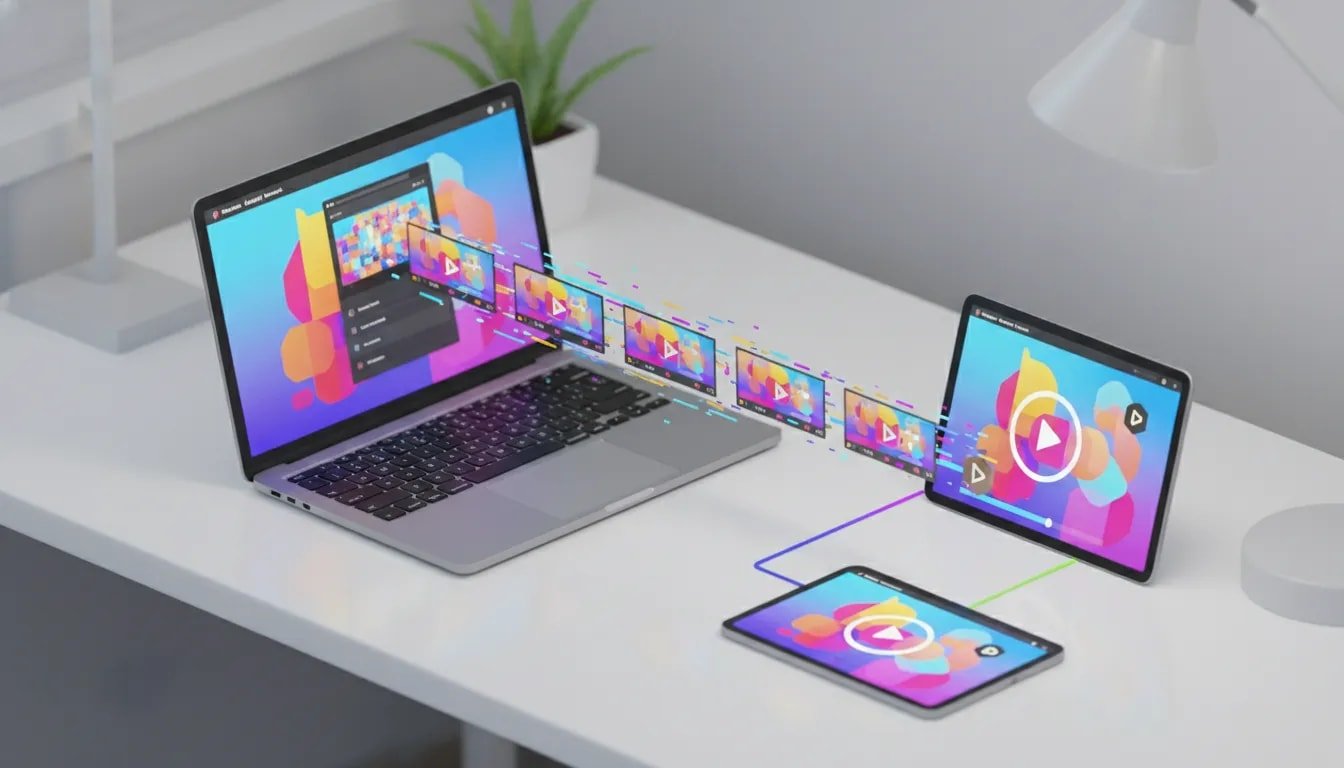 Isometric 3D illustration of a webpage on a laptop transforming into a branded video timeline with a generic logo tile and devices showing the finished video, motion trails indicating fast AI conversion.