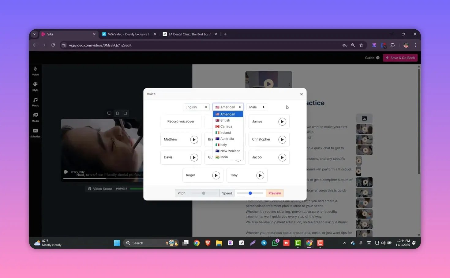 Vigi Video voiceover accent dropdown showing flags and options like American and British