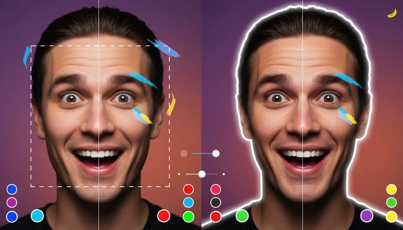 Split-screen photorealistic creator headshot showing before and after AI-enhanced thumbnail with vibrant gradient background and subtle editing overlays