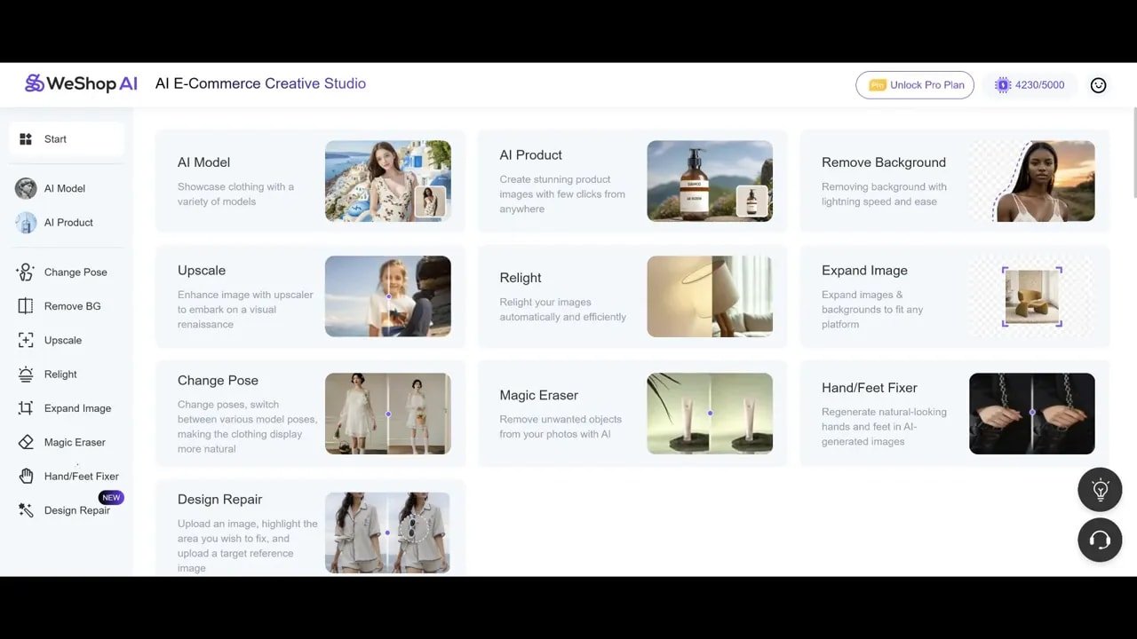 Weshop AI dashboard overview with left tool menu and feature tiles