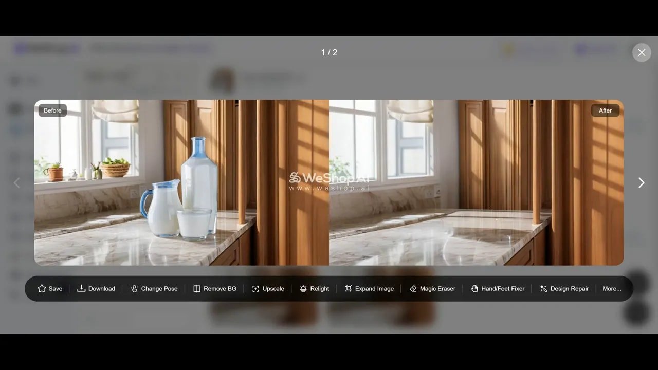 Weshop AI Magic Eraser before-and-after showing removed items on countertop