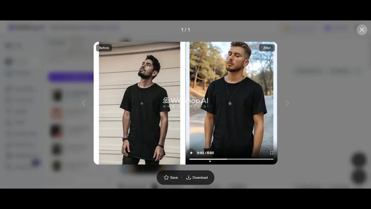 Weshop AI before-and-after video preview showing a 0:05 model clip with playback bar and save/download buttons