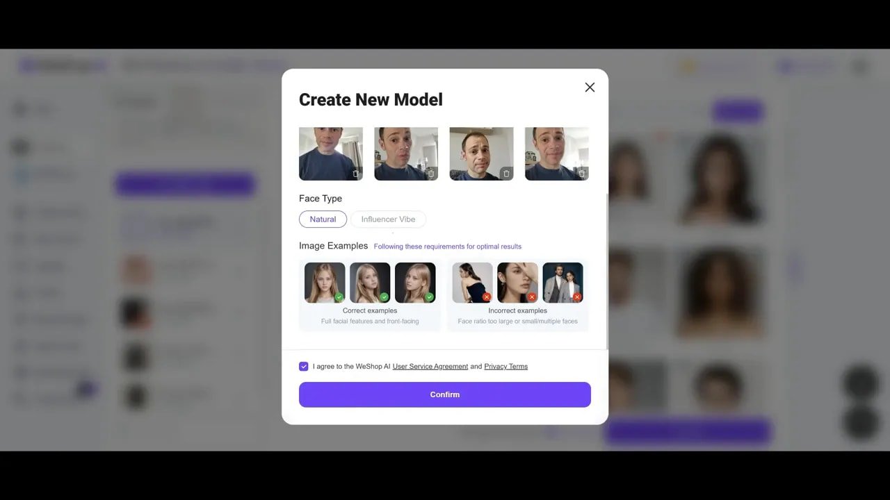 Weshop Create New Model dialog with sample headshots and correct vs incorrect image examples