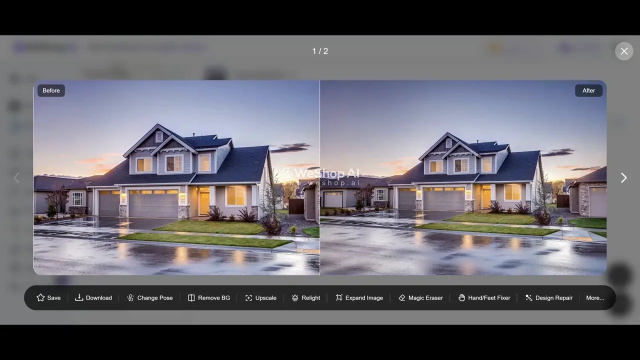 Weshop AI Expand Image before-and-after preview of a house with the bottom toolbar (Expand Image visible).