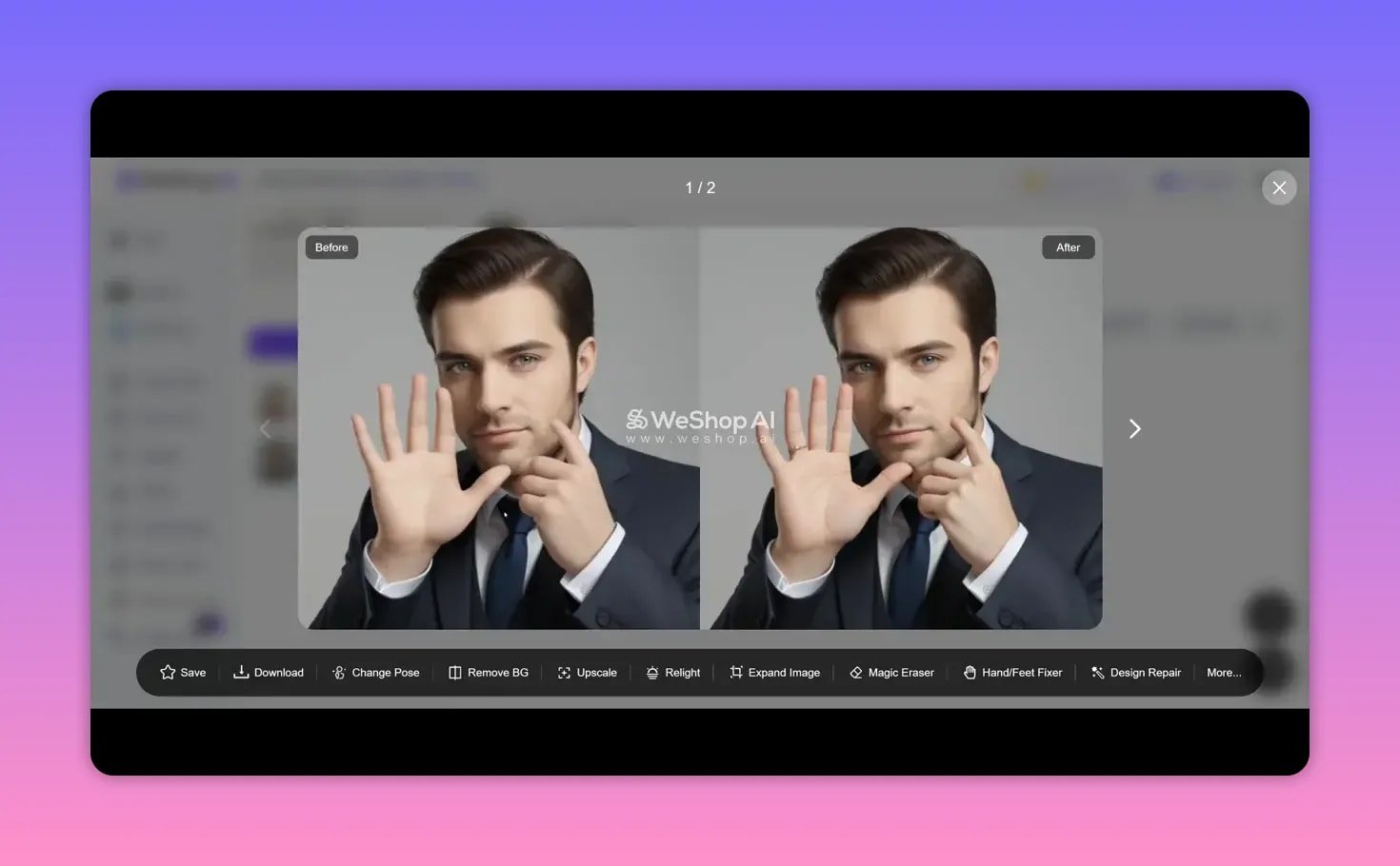 WeShop AI Hand/Feet Fixer before-and-after preview showing a corrected hand in the large modal