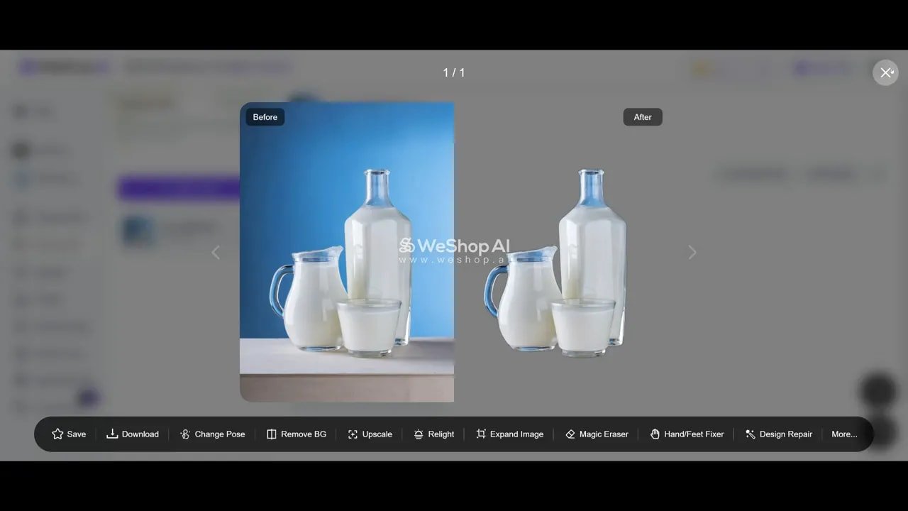WeShop AI Remove Background before and after showing milk bottles with background removed