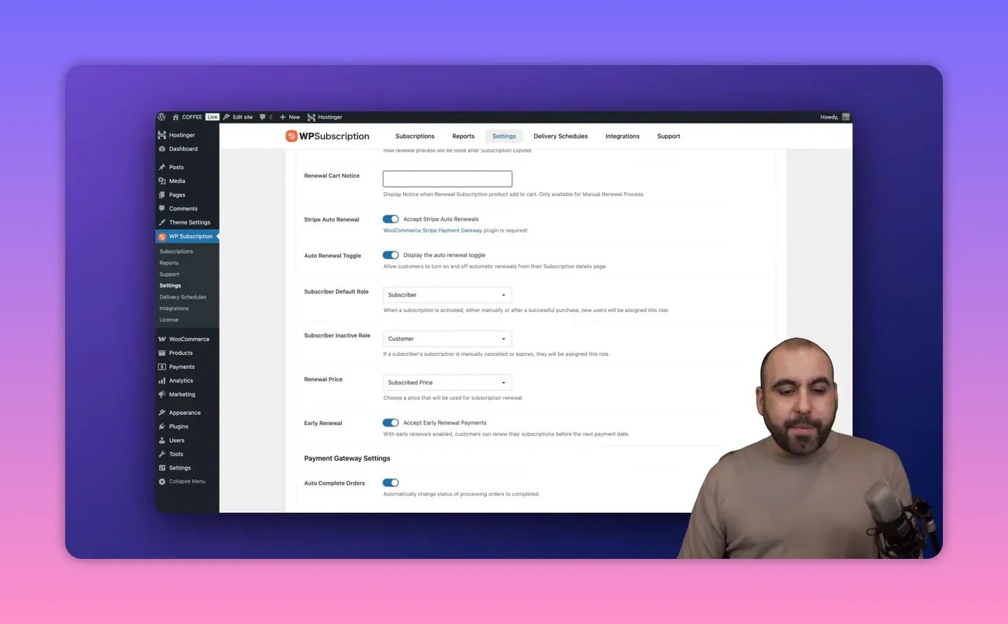 Clean screenshot of WPSubscription general settings showing Renewal Process dropdown, Stripe Auto Renewal toggle, Auto Renewal Toggle and Subscriber Default/Inactive Role fields with only a small presenter overlay.