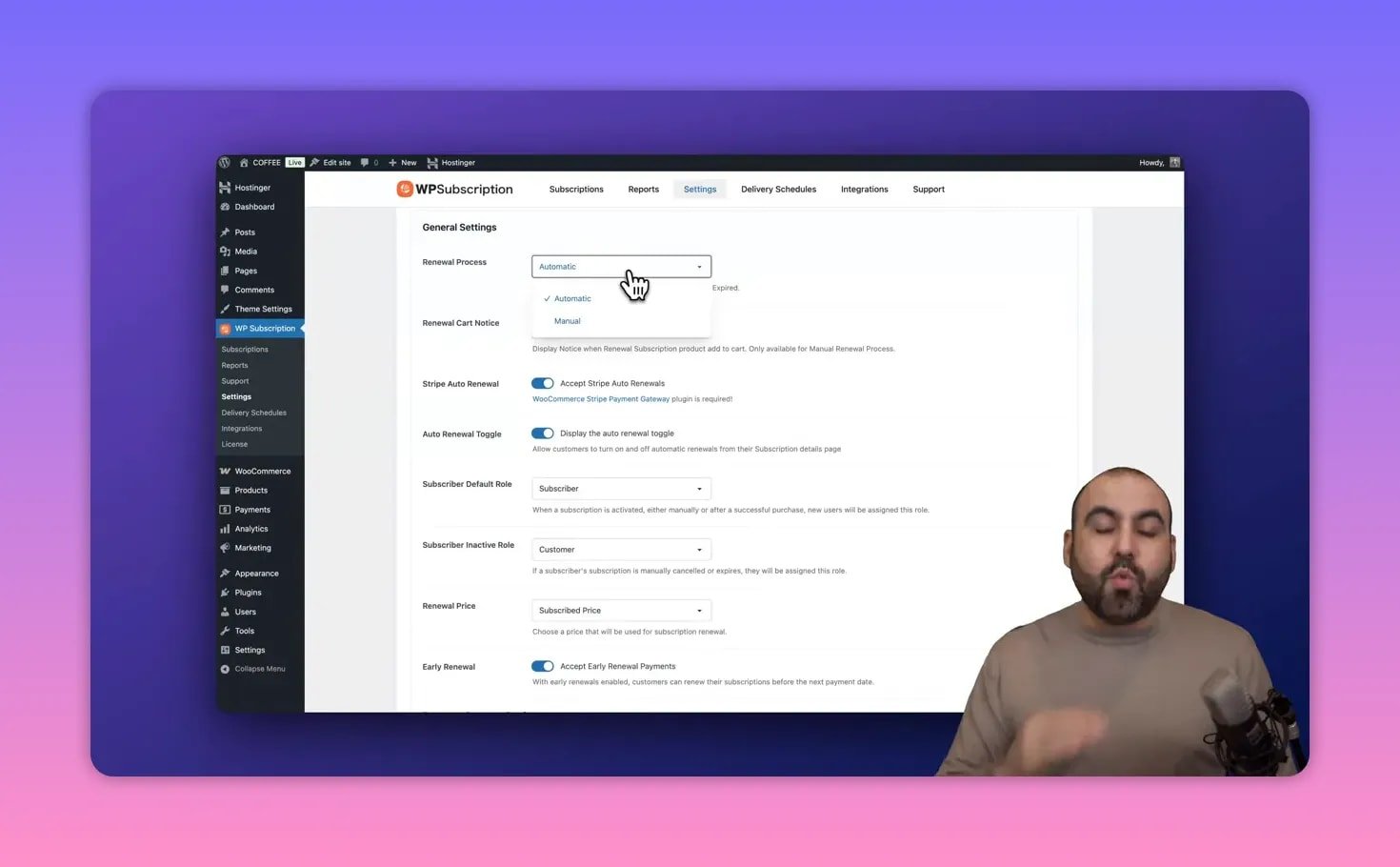 WP Subscriptions settings page with the Renewal Process dropdown open showing Automatic and Manual options and a presenter visible at right