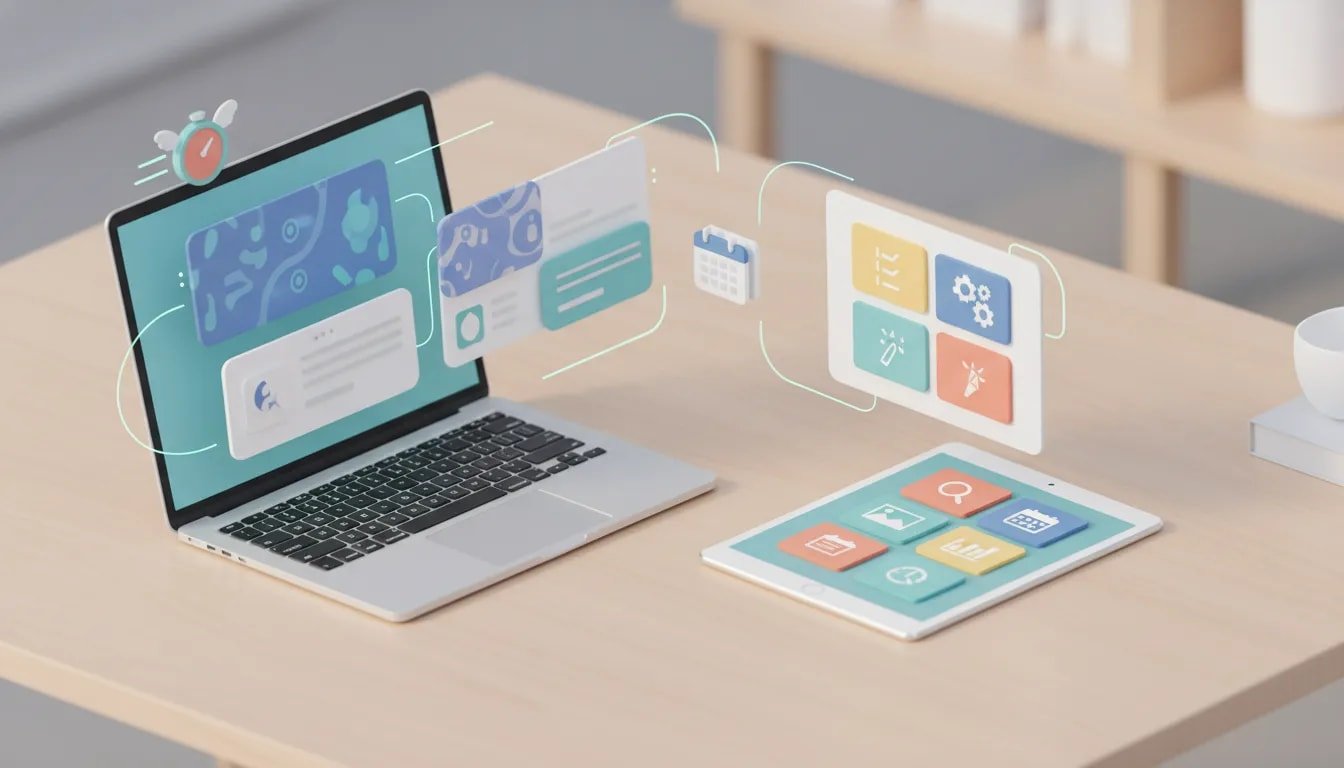 Isometric illustration of an AI content dashboard with colorful template cards, SEO and image icons, calendar scheduling and speed indicators, representing a streamlined content workflow for a Writeseed review