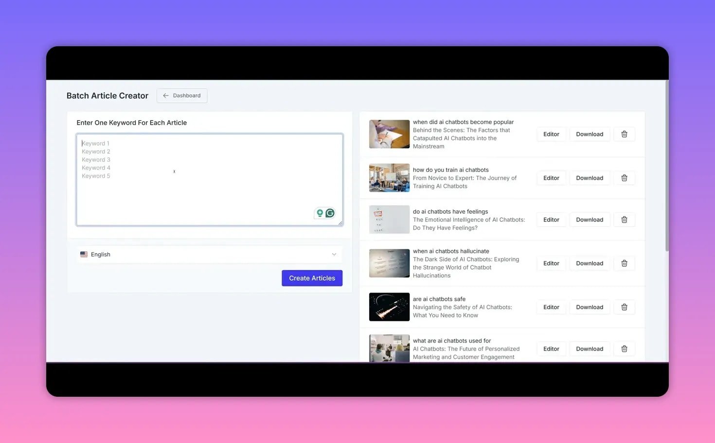 Batch Article Creator view in Writeseed showing keyword textarea, language selector and 'Create Articles' button with generated article entries on the right