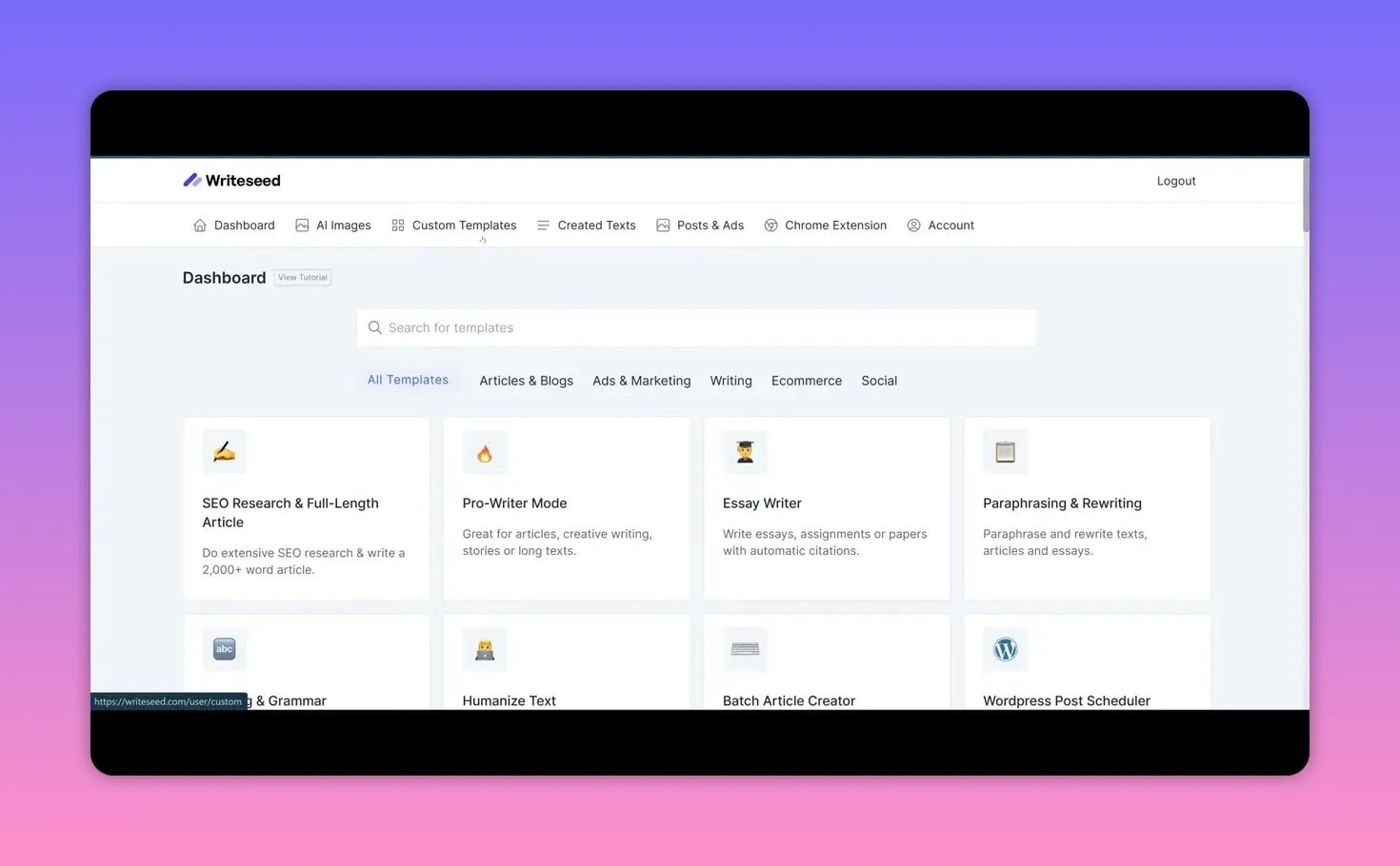 Clear Writeseed dashboard templates grid showing SEO research, Pro-Writer mode and more