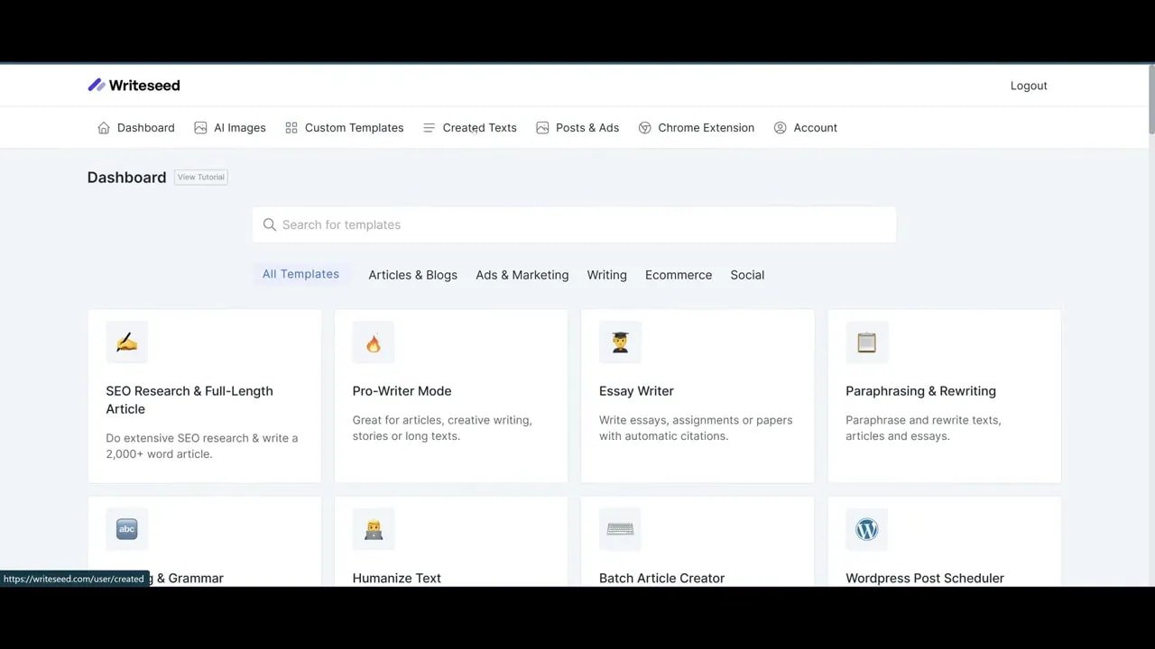 Writeseed dashboard with template tiles including SEO Research and Full-Length Article