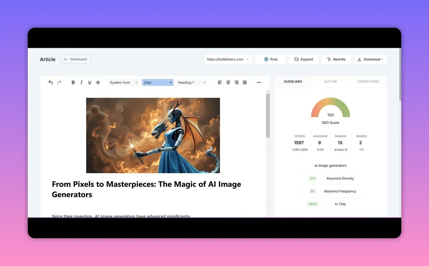 Writeseed editor showing font size selection, article title, header image and SEO sidebar