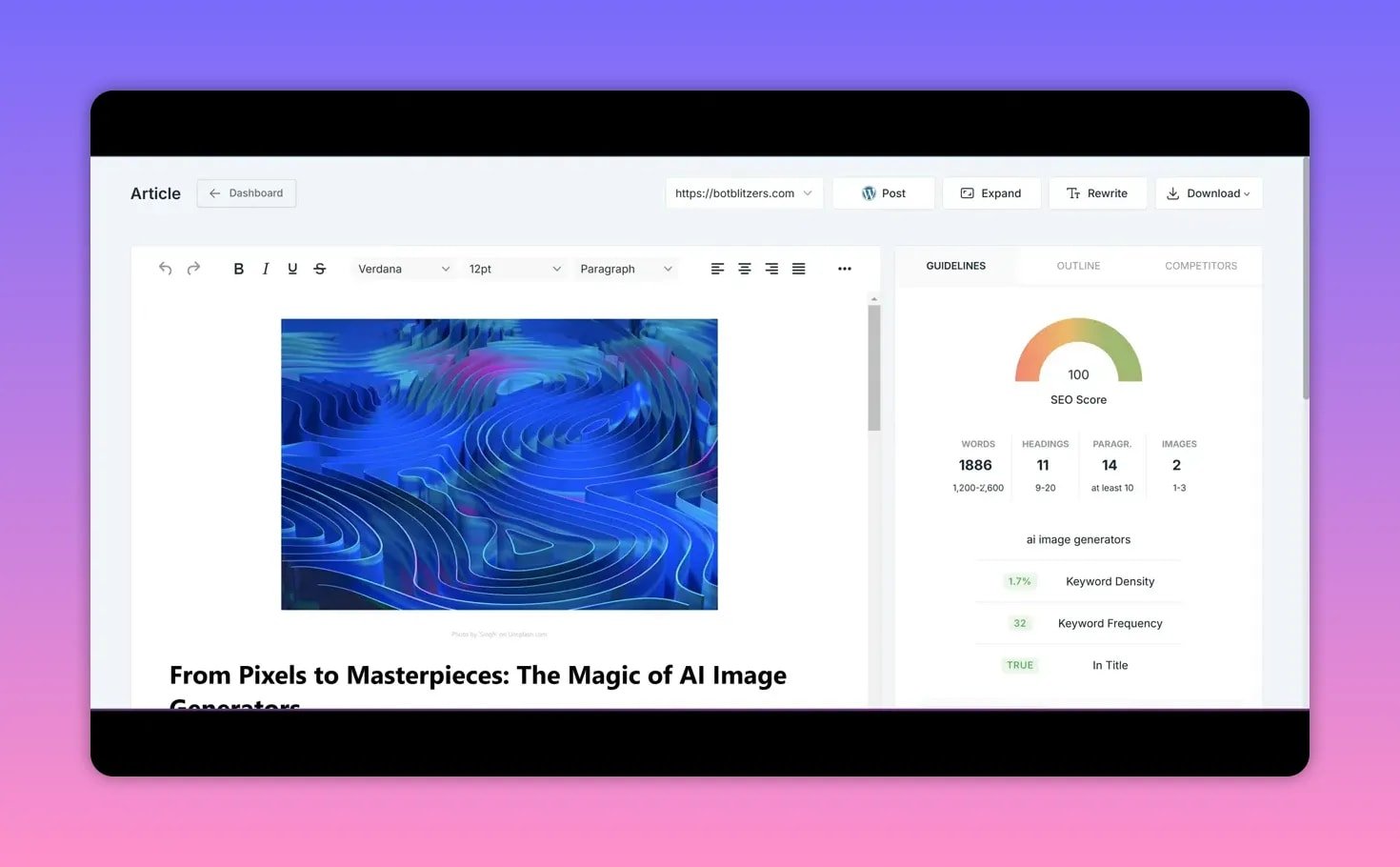 Writeseed editor showing article preview on the left and SEO score panel on the right