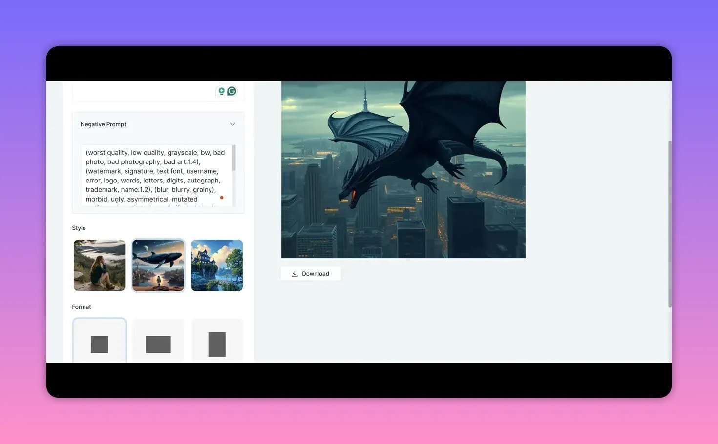 Clear Writeseed Flux image generator screenshot showing the negative prompt panel, three style thumbnails, format options and a high-quality dragon preview with a Download button