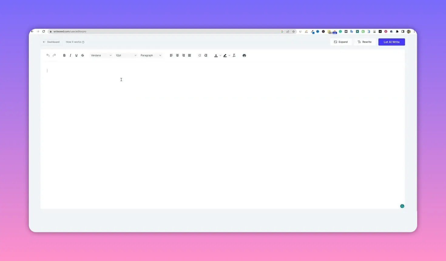 Writeseed Pro mode editor showing formatting toolbar, Expand and Rewrite actions, and prominent 'Let AI Write' button.