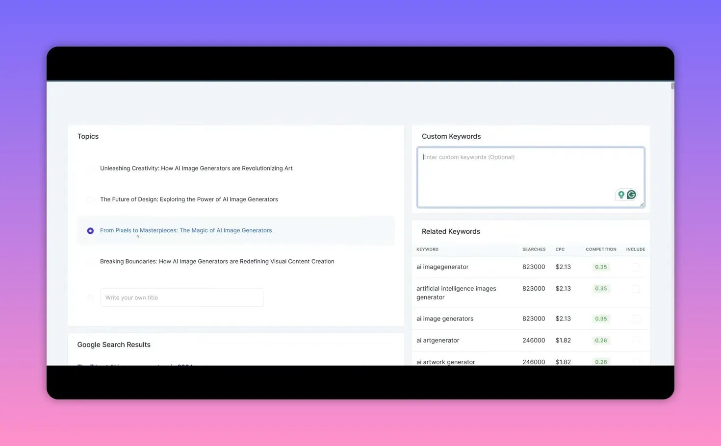 Writeseed SEO research panel displaying a list of topic/title suggestions on the left and a related keywords table on the right with searches, CPC and competition columns