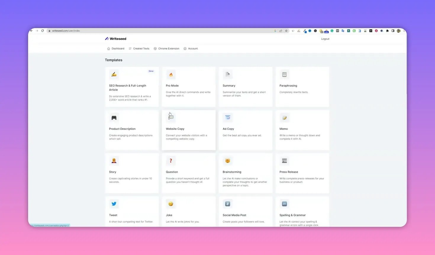 Writeseed templates screen showing a neat grid of template cards and a minimal top navigation.