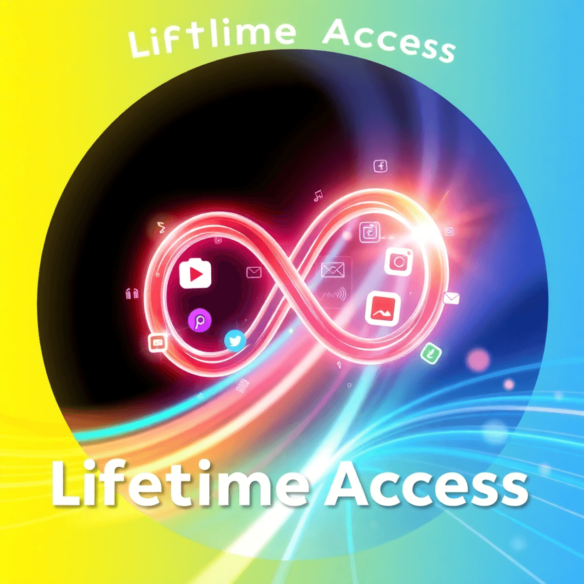 A glowing infinity symbol intertwined with a sleek smartphone and abstract social media and photo editing icons on a bright background with dynamic...