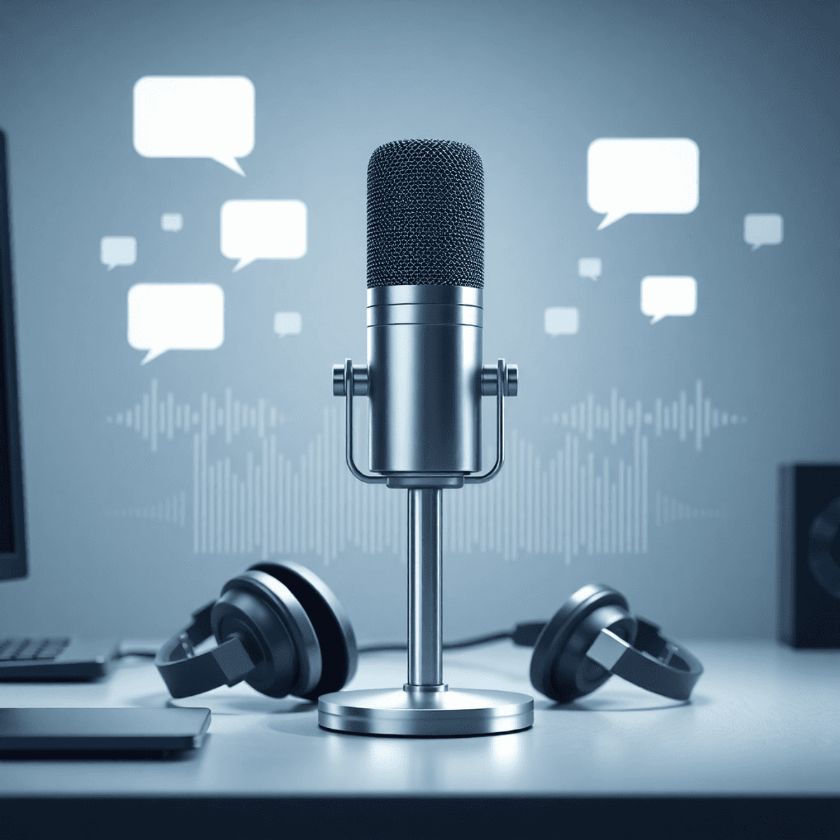 A modern desk with a sleek microphone and headphones, surrounded by abstract sound waves and digital speech bubbles representing voice technology.