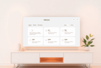 A modern workspace with a simplified digital welcome dashboard, large clear buttons, soft warm lighting, and abstract icons symbolizing user actions.
