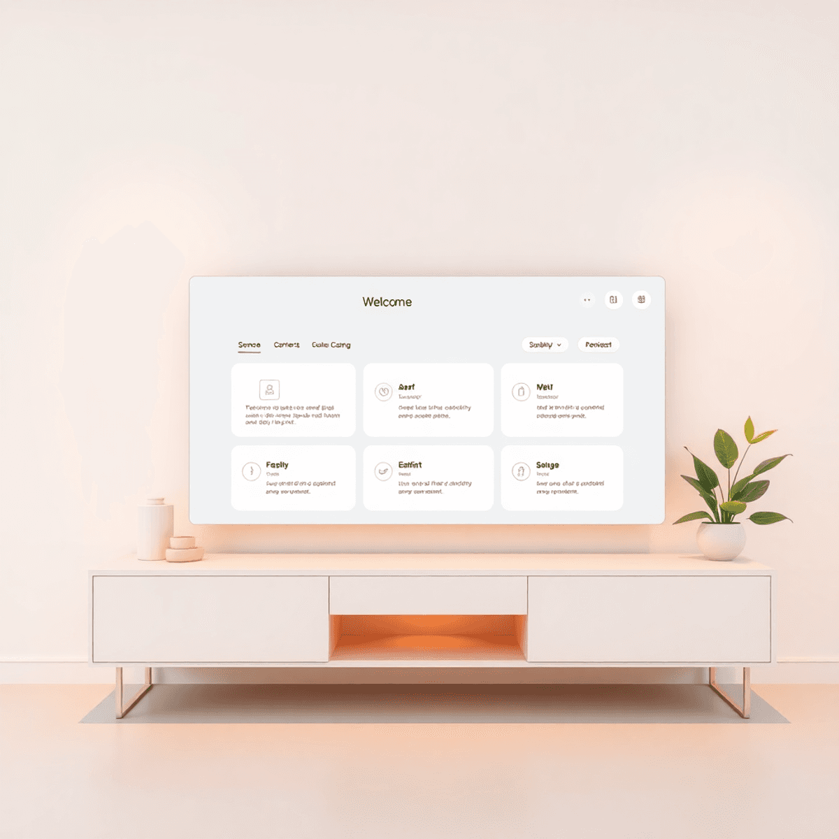 A modern workspace with a simplified digital welcome dashboard, large clear buttons, soft warm lighting, and abstract icons symbolizing user actions.